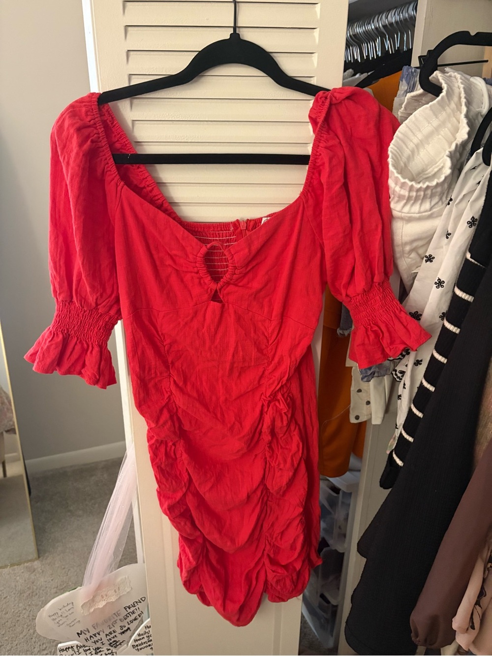 Red Ruched Puff-Sleeve Women's Dress